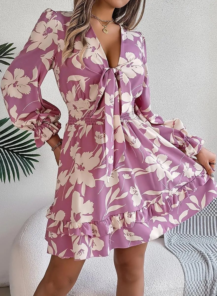 Floral Print Mini Dress, V-Neck, Long Sleeve, Ruffle Hem, Available in Green, Burgundy, Purple