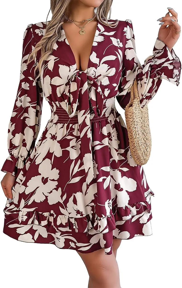 Floral Print Mini Dress, V-Neck, Long Sleeve, Ruffle Hem, Available in Green, Burgundy, Purple