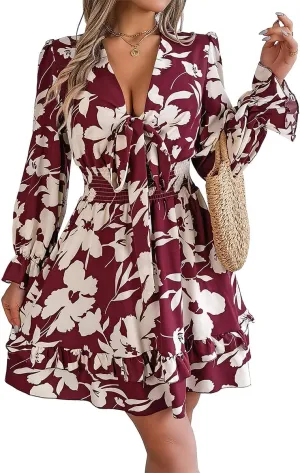 Floral Print Mini Dress, V-Neck, Long Sleeve, Ruffle Hem, Available in Green, Burgundy, Purple