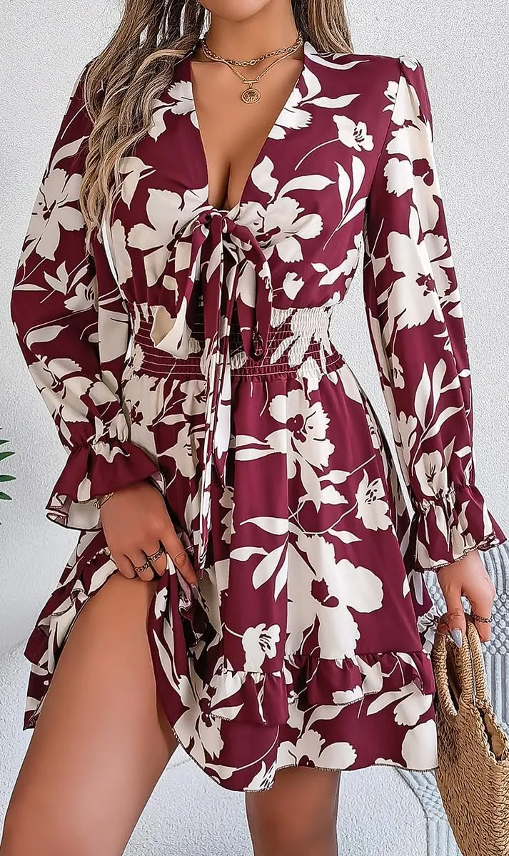 Floral Print Mini Dress, V-Neck, Long Sleeve, Ruffle Hem, Available in Green, Burgundy, Purple
