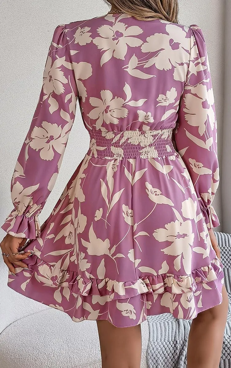 Floral Print Mini Dress, V-Neck, Long Sleeve, Ruffle Hem, Available in Green, Burgundy, Purple
