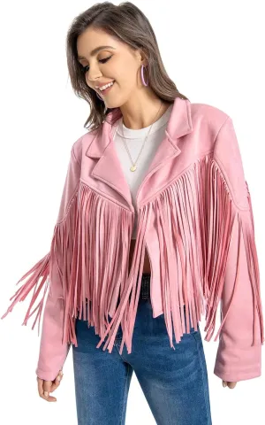 Fringe Jacket, Western Cowgirl Faux Suede Leather Jacket Tassel Crop Moto Top Country Concert Outfits for Women.