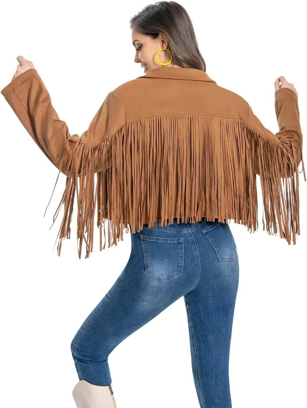 Fringe Jacket, Western Cowgirl Faux Suede Leather Jacket Tassel Crop Moto Top Country Concert Outfits for Women.