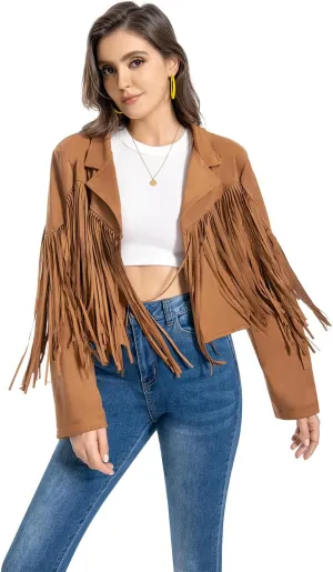 Fringe Jacket, Western Cowgirl Faux Suede Leather Jacket Tassel Crop Moto Top Country Concert Outfits for Women.