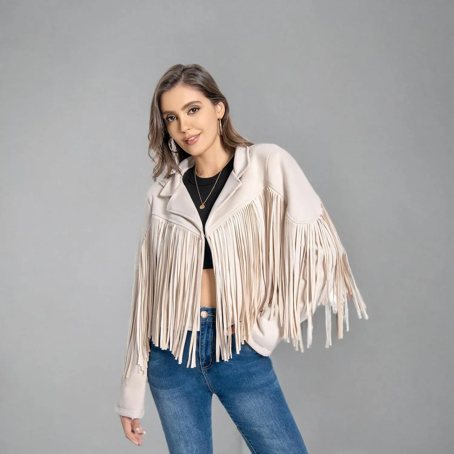 Fringe Jacket, Western Cowgirl Faux Suede Leather Jacket Tassel Crop Moto Top Country Concert Outfits for Women.