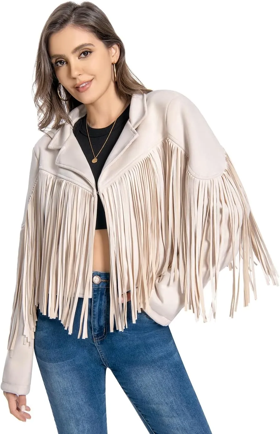 Fringe Jacket, Western Cowgirl Faux Suede Leather Jacket Tassel Crop Moto Top Country Concert Outfits for Women.