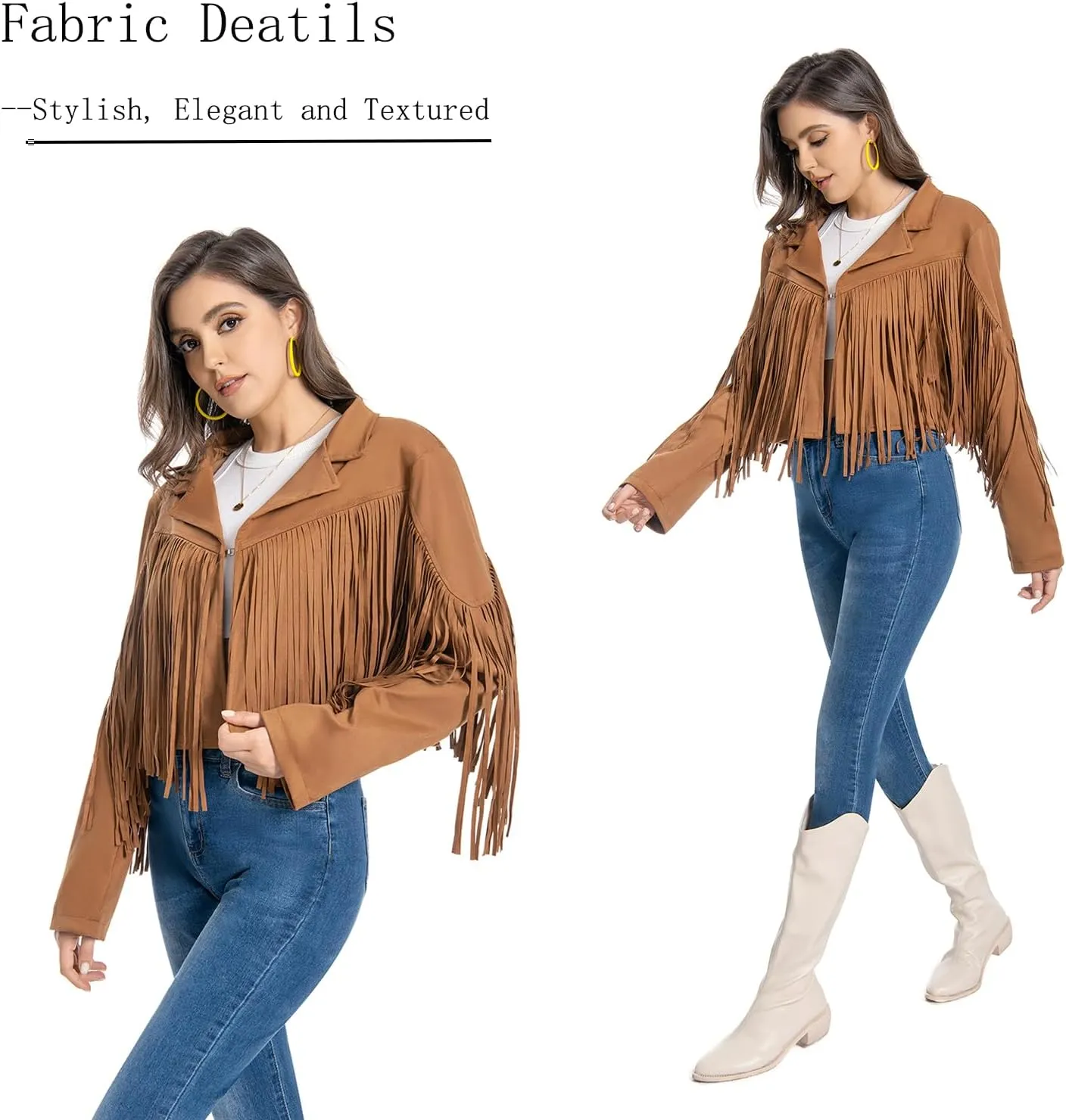Fringe Jacket, Western Cowgirl Faux Suede Leather Jacket Tassel Crop Moto Top Country Concert Outfits for Women.