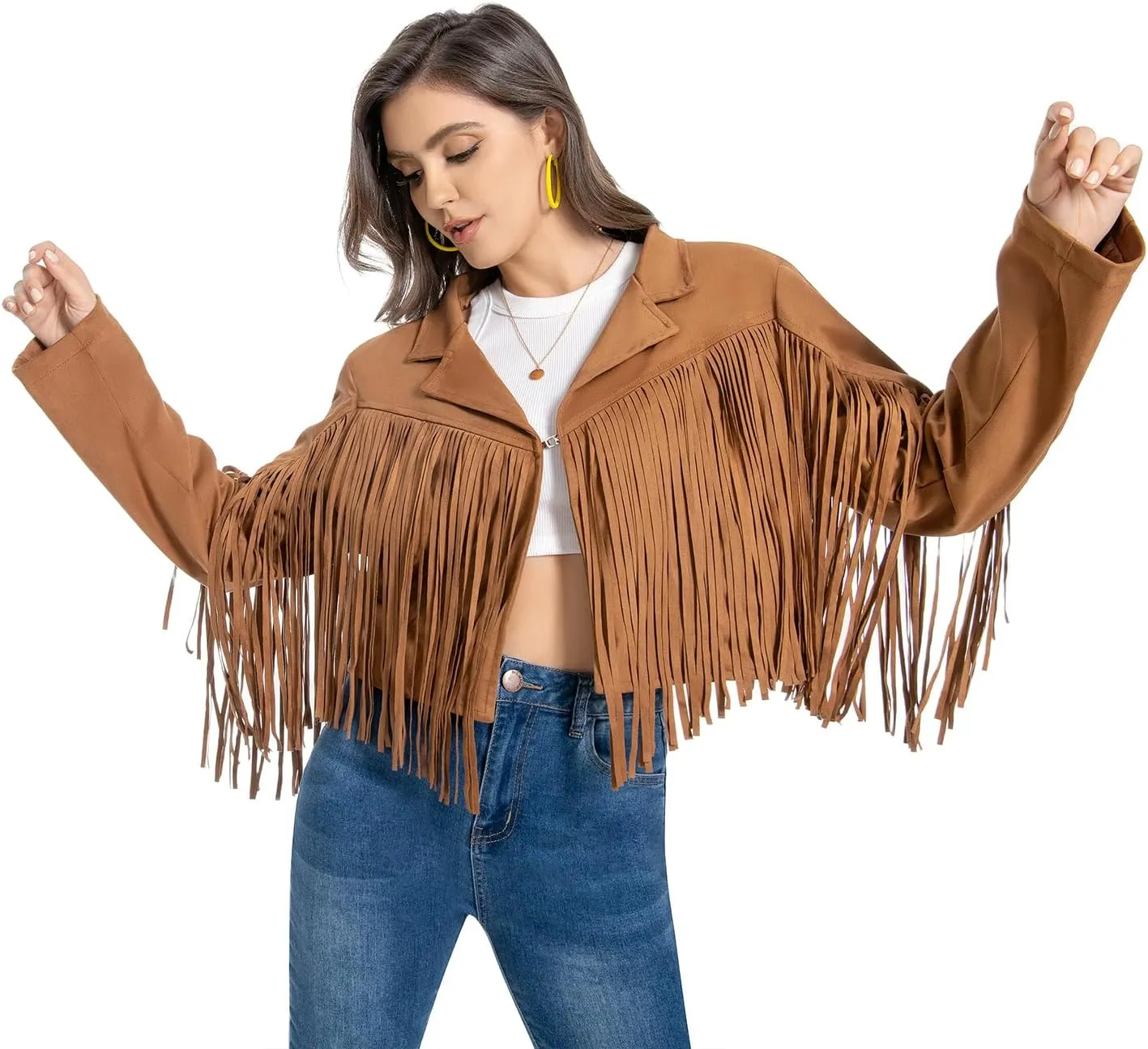 Fringe Jacket, Western Cowgirl Faux Suede Leather Jacket Tassel Crop Moto Top Country Concert Outfits for Women.