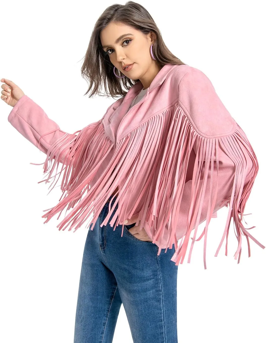 Fringe Jacket, Western Cowgirl Faux Suede Leather Jacket Tassel Crop Moto Top Country Concert Outfits for Women.