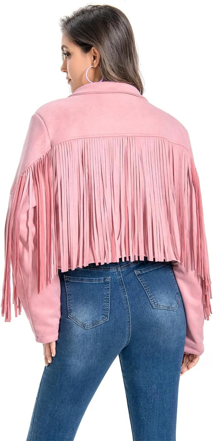 Fringe Jacket, Western Cowgirl Faux Suede Leather Jacket Tassel Crop Moto Top Country Concert Outfits for Women.