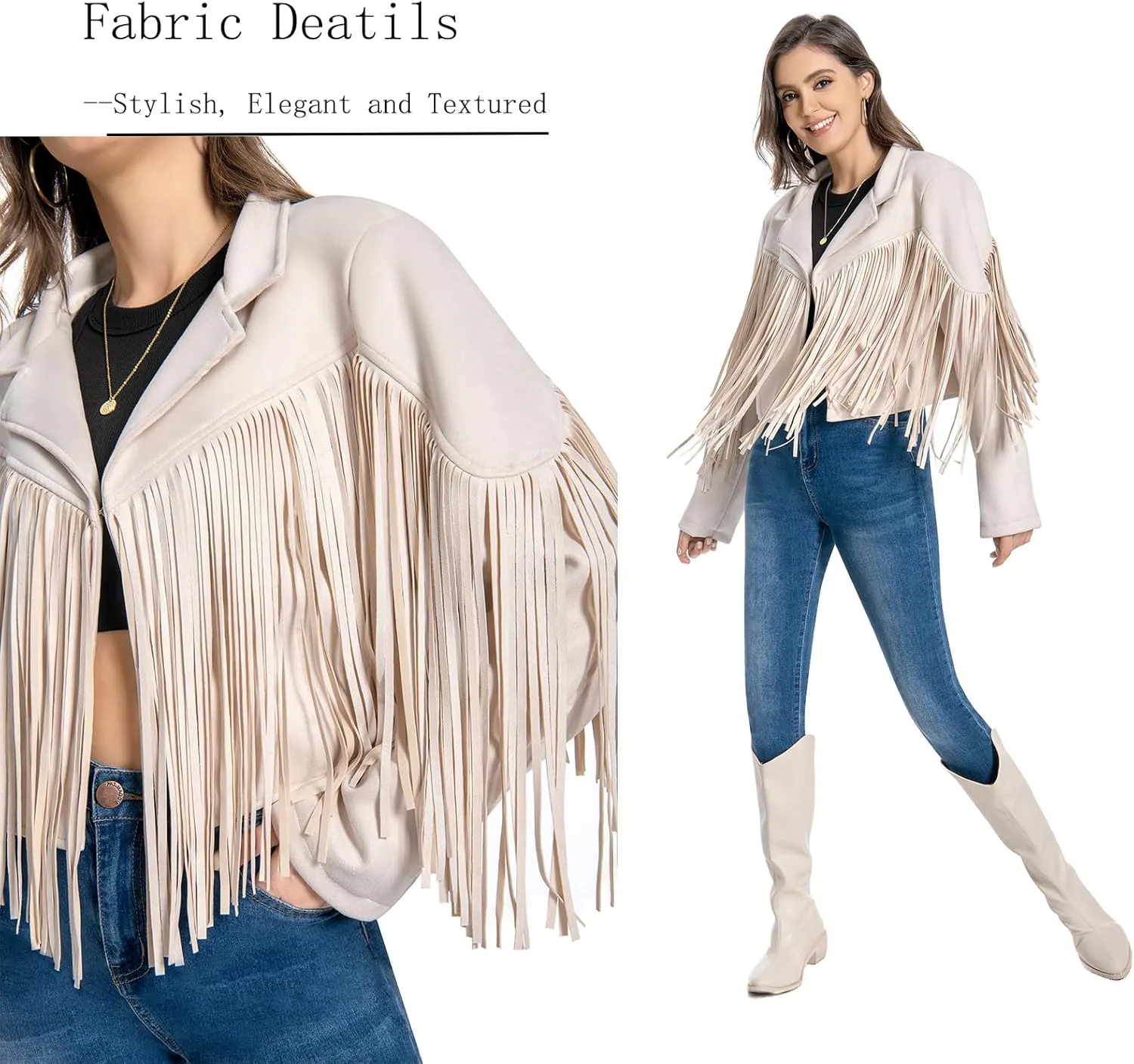 Fringe Jacket, Western Cowgirl Faux Suede Leather Jacket Tassel Crop Moto Top Country Concert Outfits for Women.