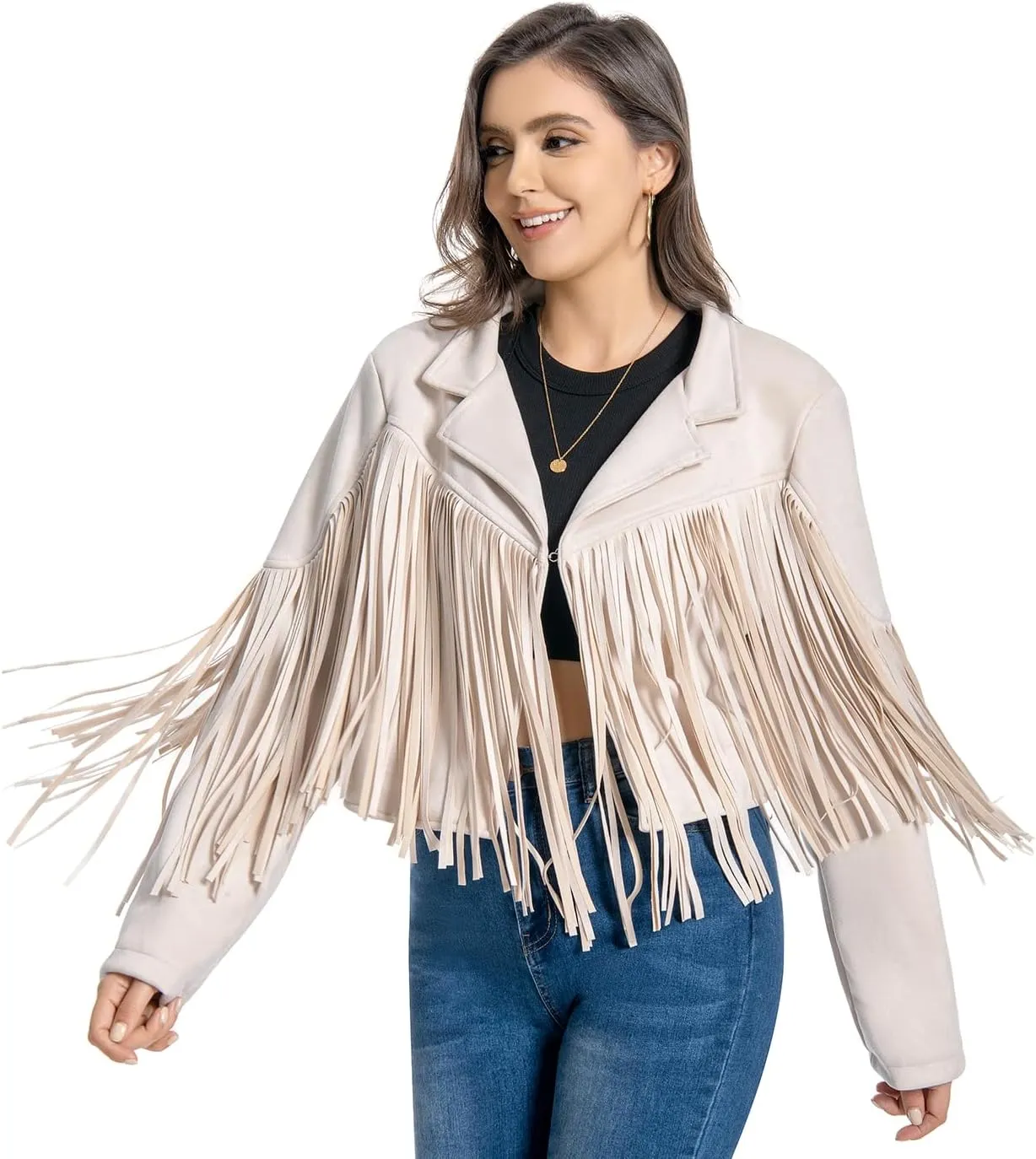 Fringe Jacket, Western Cowgirl Faux Suede Leather Jacket Tassel Crop Moto Top Country Concert Outfits for Women.