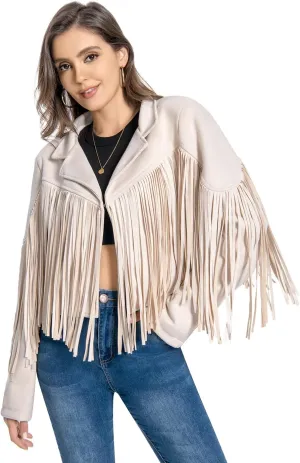Fringe Jacket, Western Cowgirl Faux Suede Leather Jacket Tassel Crop Moto Top Country Concert Outfits for Women.