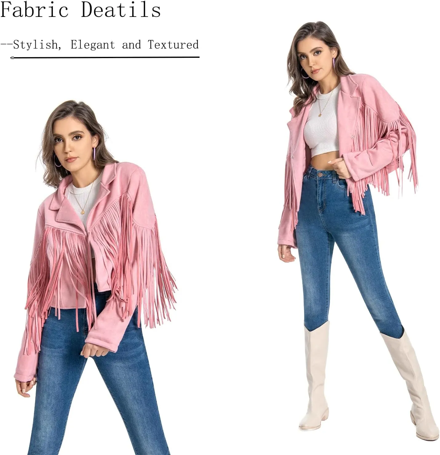 Fringe Jacket, Western Cowgirl Faux Suede Leather Jacket Tassel Crop Moto Top Country Concert Outfits for Women.