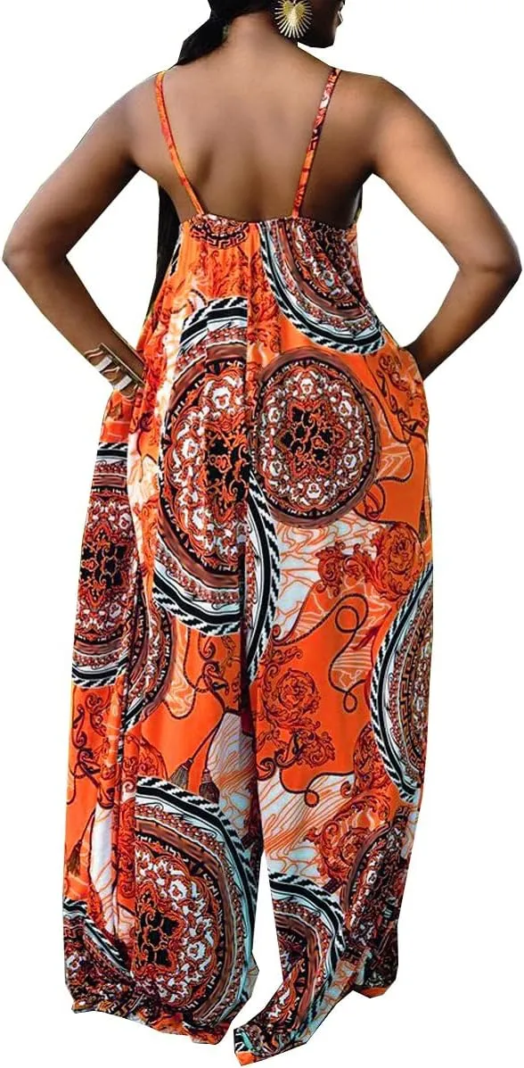 Glozeplus Sexy Jumpsuits for Women Dressy Wide Leg Floral Print Long Pants Sleeveless Rompers Jumpsuit with Pocket