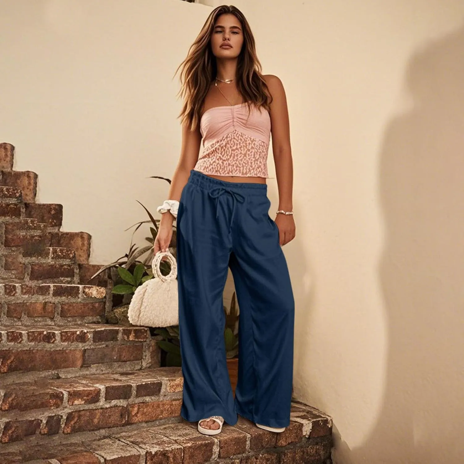 GOFULY Linen Wide Leg Pants for Women 2025 High Waisted Pants Casual Elastic Waist Drawstring Summer Trouser with Pockets