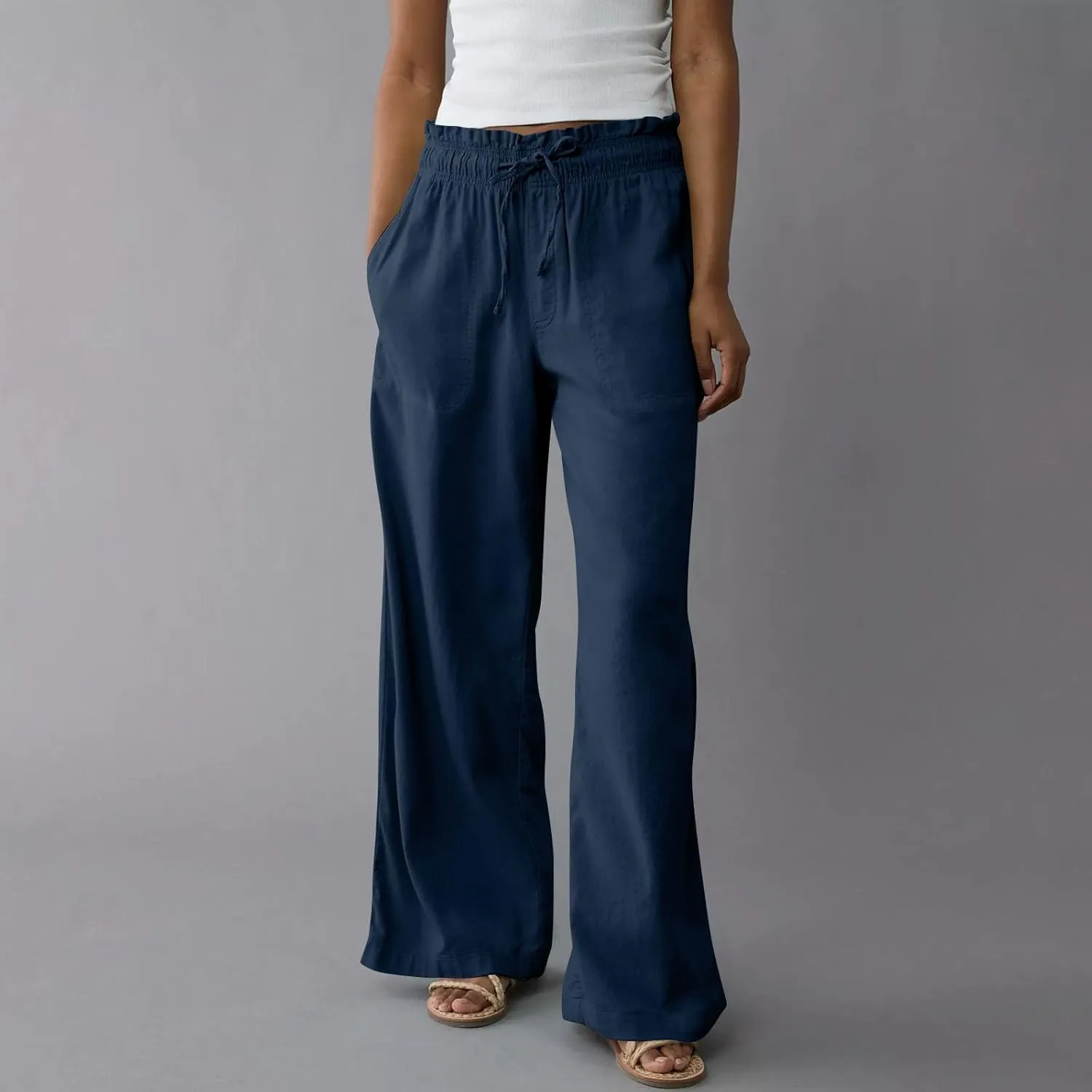 GOFULY Linen Wide Leg Pants for Women 2025 High Waisted Pants Casual Elastic Waist Drawstring Summer Trouser with Pockets