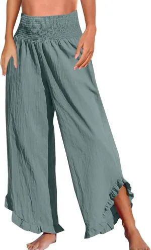 GOFULY Wide Leg Linen Pants Women Beach Flowy Summer Elastic Waist Palazzo Pants High Waisted Pockets Cropped Solid Trousers