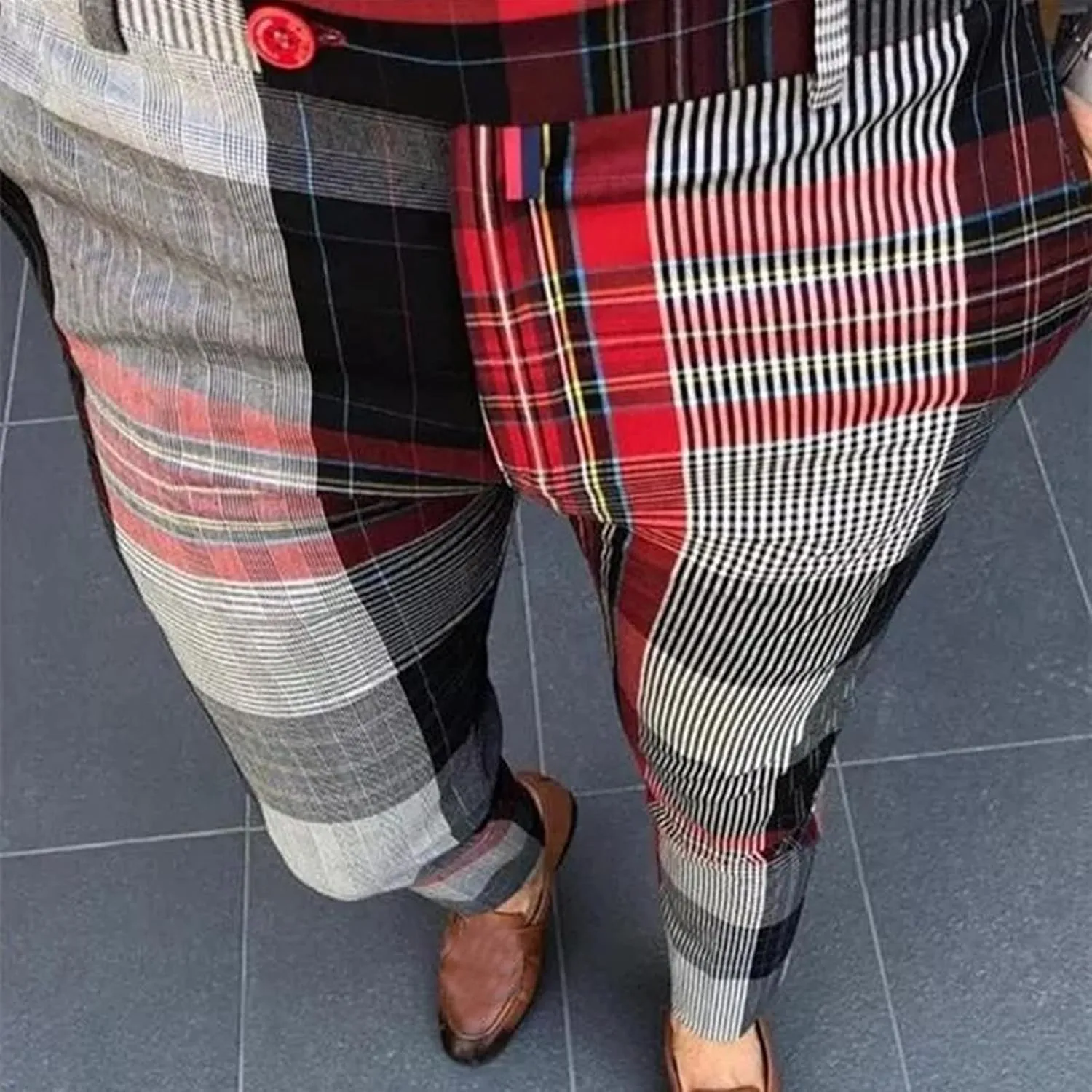 GOKKILRW Chinos for Men Casual Slim Fit Dress Pants Plaid Stretch Flat-Front Skinny Pants Business Work Pencil Lounge Pants