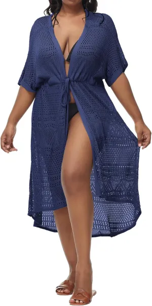 Hanna Nikole Women Plus Size Long Cover-ups for Swimwear Open Front Tie Beach Kimono Cardigan Flowy Beachwear