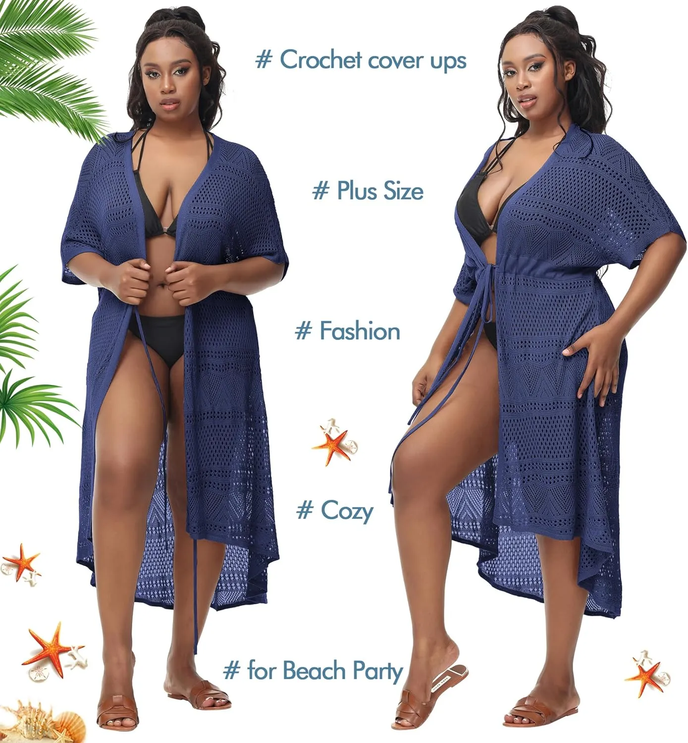 Hanna Nikole Women Plus Size Long Cover-ups for Swimwear Open Front Tie Beach Kimono Cardigan Flowy Beachwear