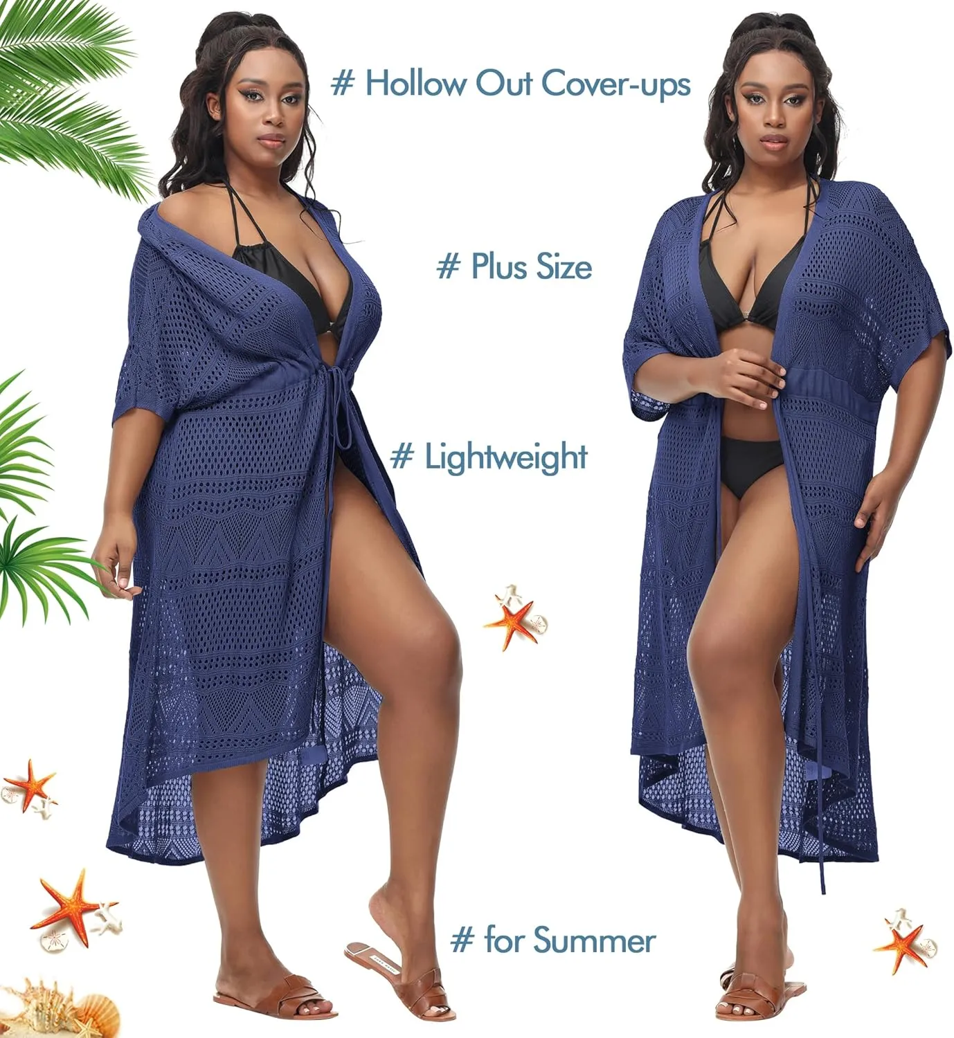Hanna Nikole Women Plus Size Long Cover-ups for Swimwear Open Front Tie Beach Kimono Cardigan Flowy Beachwear