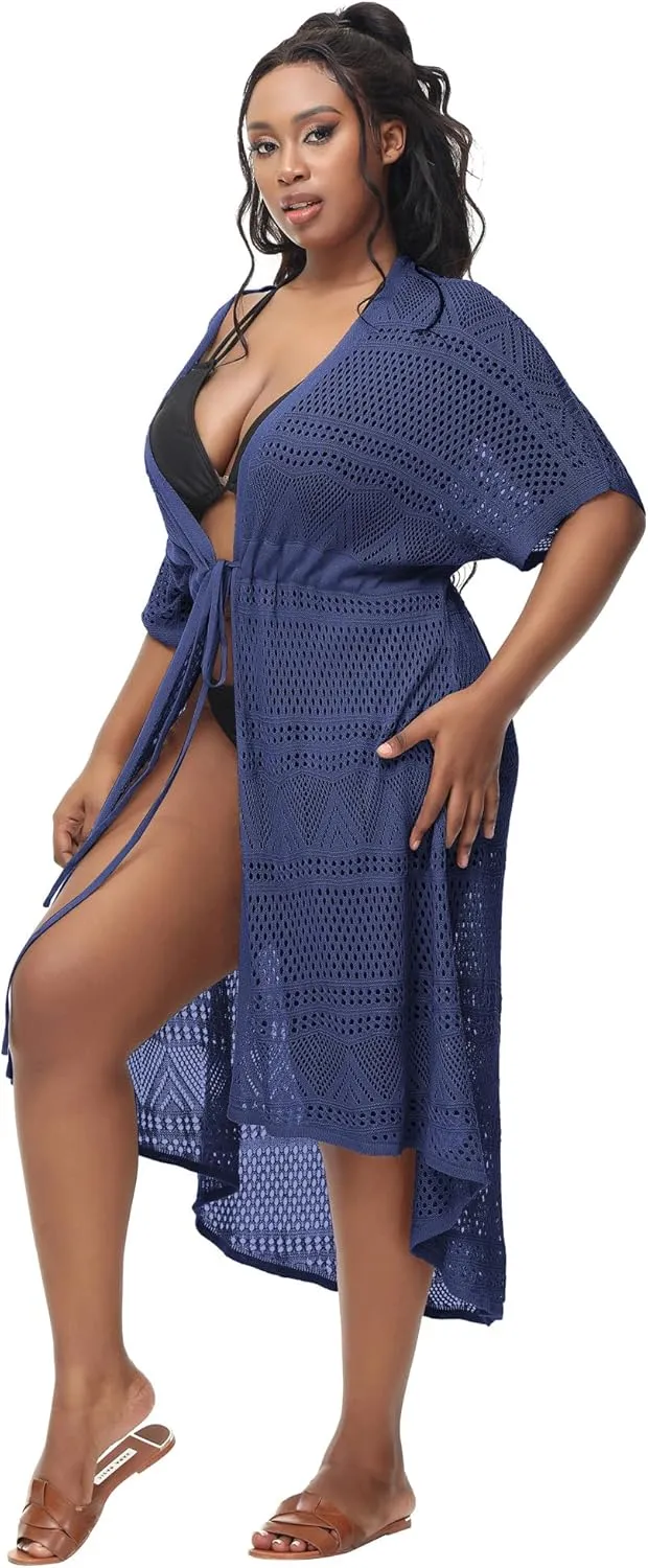 Hanna Nikole Women Plus Size Long Cover-ups for Swimwear Open Front Tie Beach Kimono Cardigan Flowy Beachwear