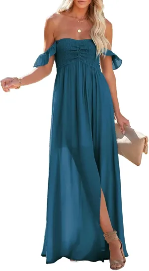 Happy Sailed Dresses for Women Off The Shoulder Maxi Dress Smocked Spring Summer Sundresses Party Beach Dress Prussian Blue Large