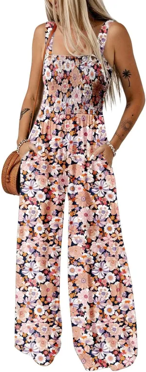 Happy Sailed Plus Size Jumpsuit for Curvy Women Summer Floral Print Sleeveless Jumpsuits Womens Overalls Wide Leg Long Pants Rompers Cruise Outfits Black XX-Large