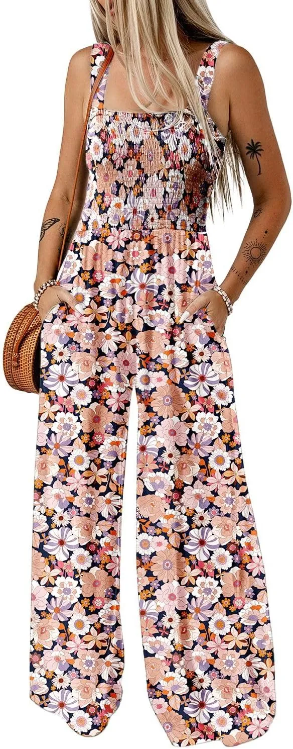Happy Sailed Plus Size Jumpsuit for Curvy Women Summer Floral Print Sleeveless Jumpsuits Womens Overalls Wide Leg Long Pants Rompers Cruise Outfits Black XX-Large