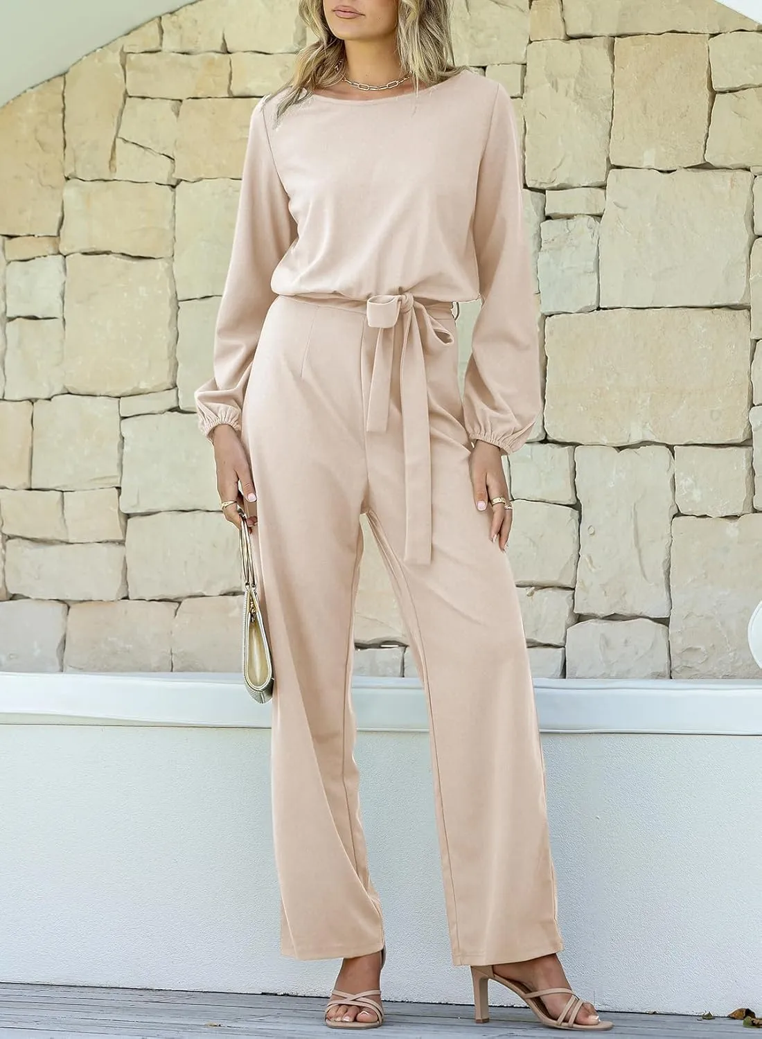 Happy Sailed Womens Dressy Jumpsuits Long Sleeve Belted Wide Leg Pant Romper Jumpsuit Wedding Guest Outfits