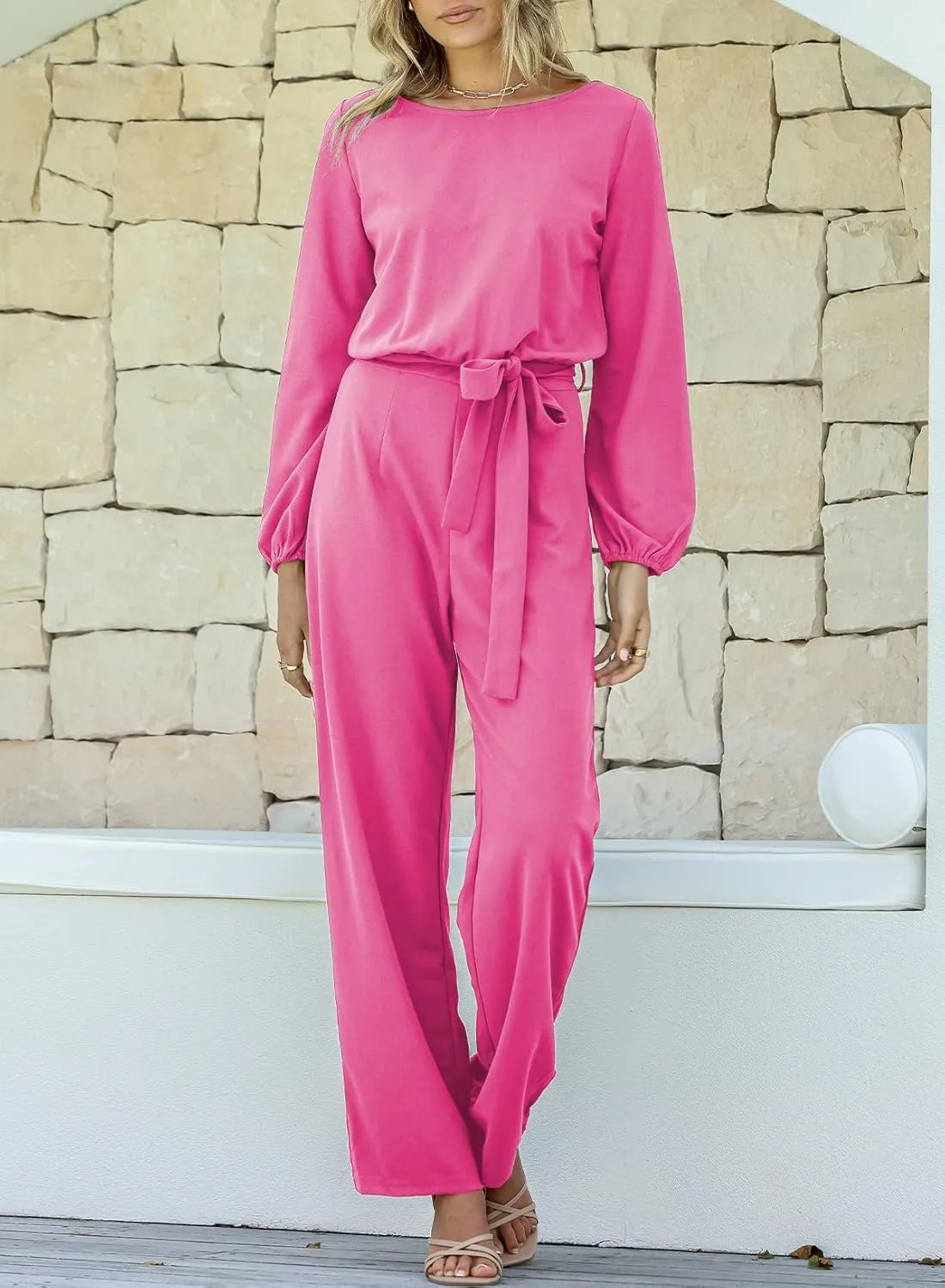 Happy Sailed Womens Dressy Jumpsuits Long Sleeve Belted Wide Leg Pant Romper Jumpsuit Wedding Guest Outfits