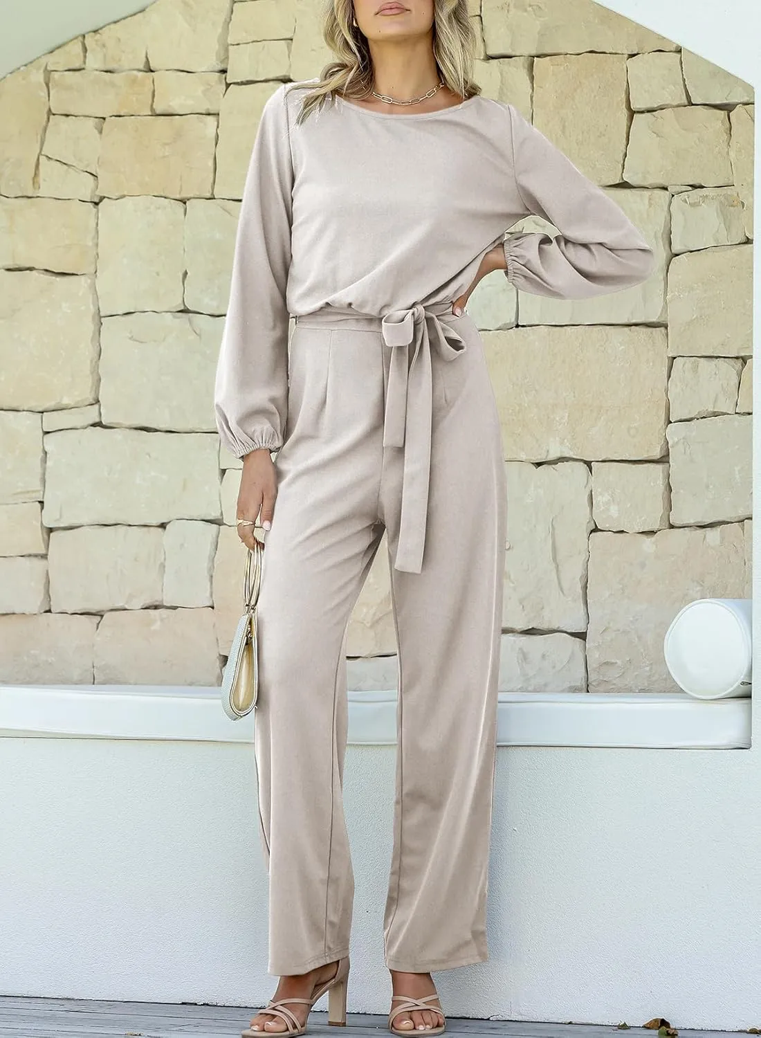 Happy Sailed Womens Dressy Jumpsuits Long Sleeve Belted Wide Leg Pant Romper Jumpsuit Wedding Guest Outfits
