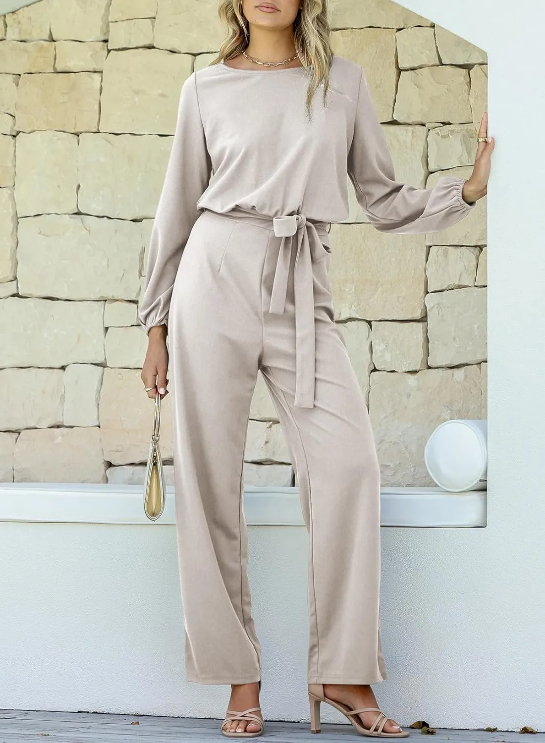 Happy Sailed Womens Dressy Jumpsuits Long Sleeve Belted Wide Leg Pant Romper Jumpsuit Wedding Guest Outfits