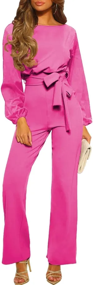 Happy Sailed Womens Dressy Jumpsuits Long Sleeve Belted Wide Leg Pant Romper Jumpsuit Wedding Guest Outfits