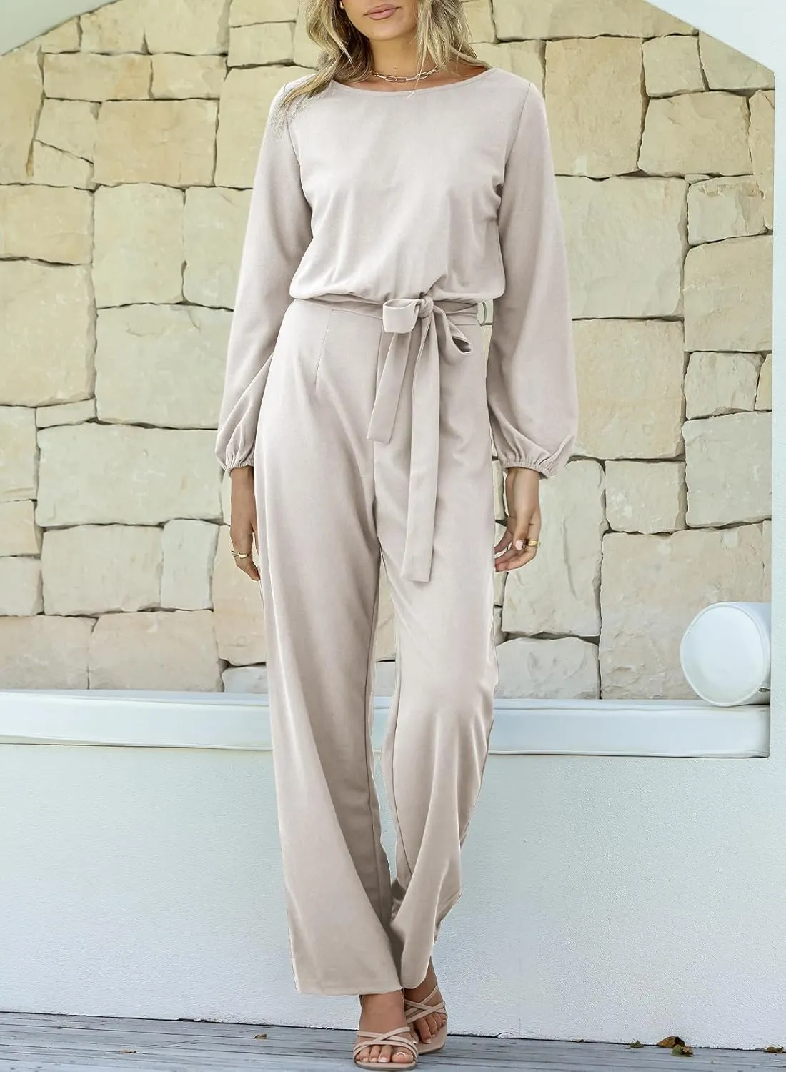 Happy Sailed Womens Dressy Jumpsuits Long Sleeve Belted Wide Leg Pant Romper Jumpsuit Wedding Guest Outfits