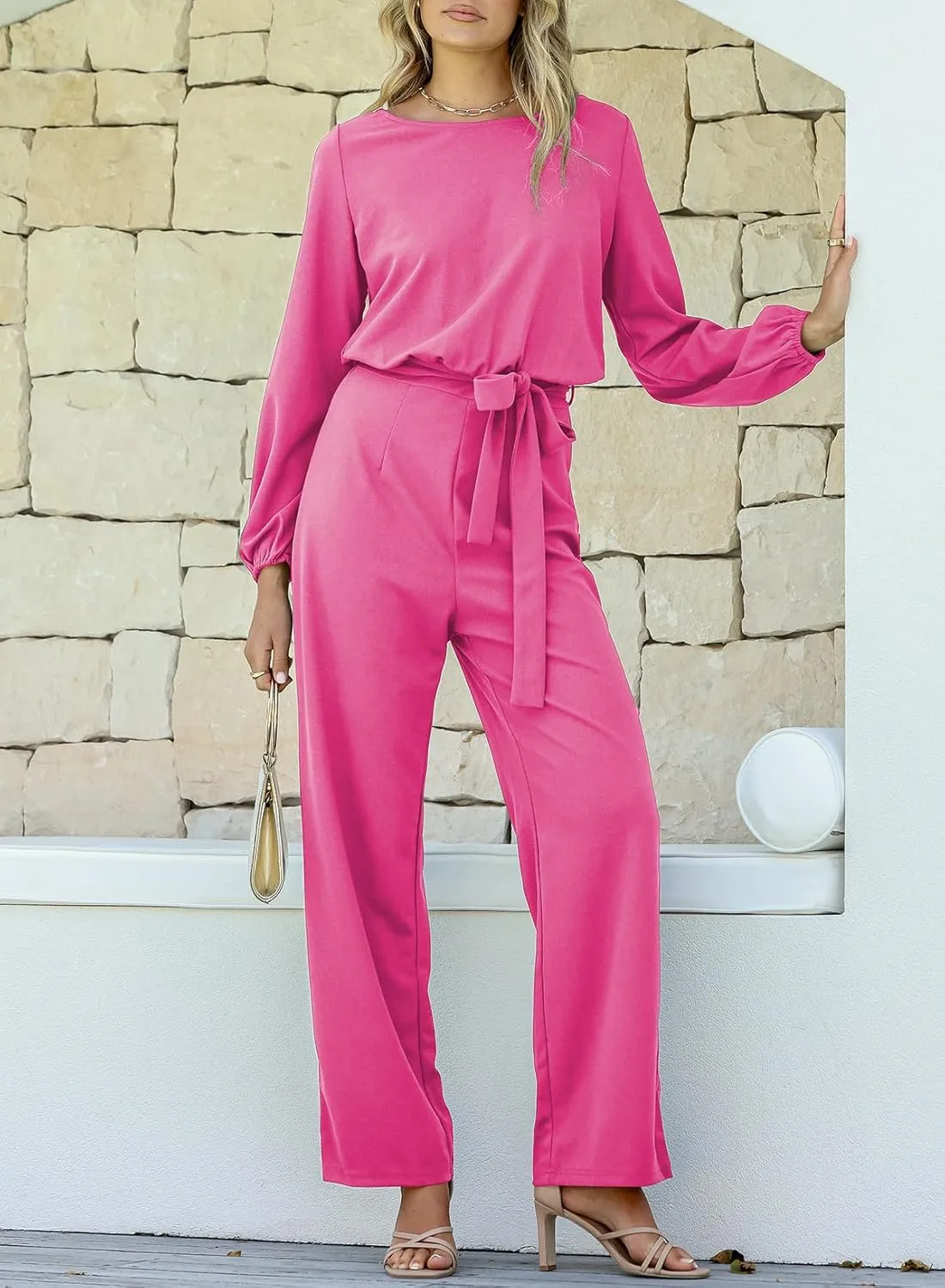 Happy Sailed Womens Dressy Jumpsuits Long Sleeve Belted Wide Leg Pant Romper Jumpsuit Wedding Guest Outfits
