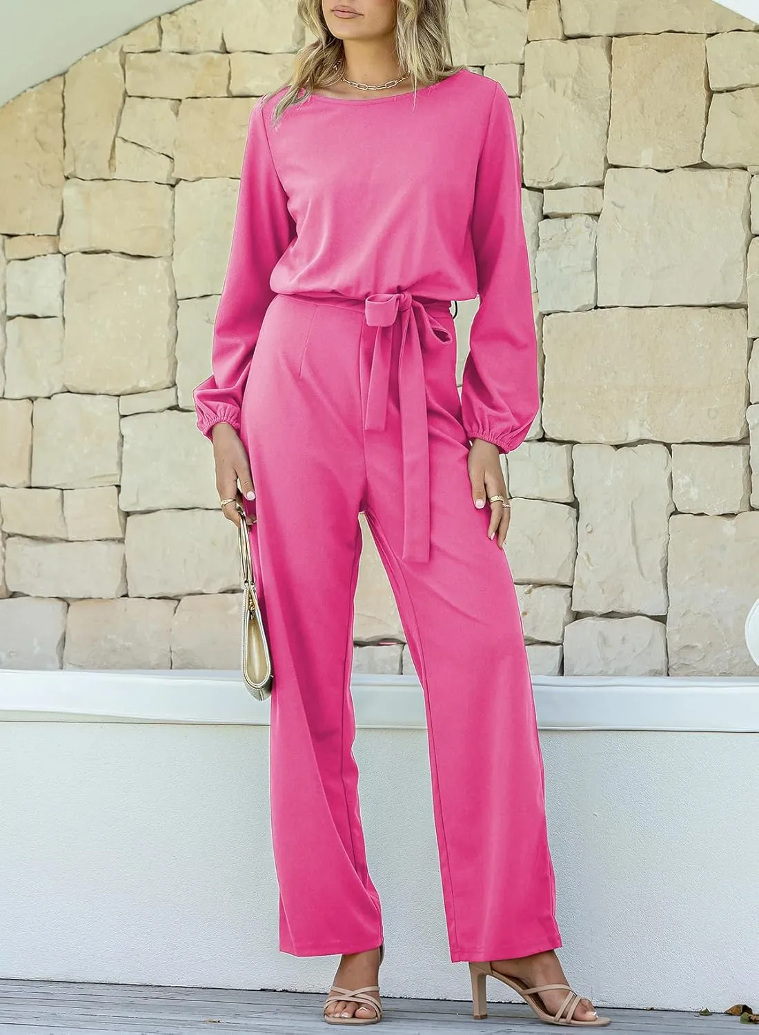 Happy Sailed Womens Dressy Jumpsuits Long Sleeve Belted Wide Leg Pant Romper Jumpsuit Wedding Guest Outfits