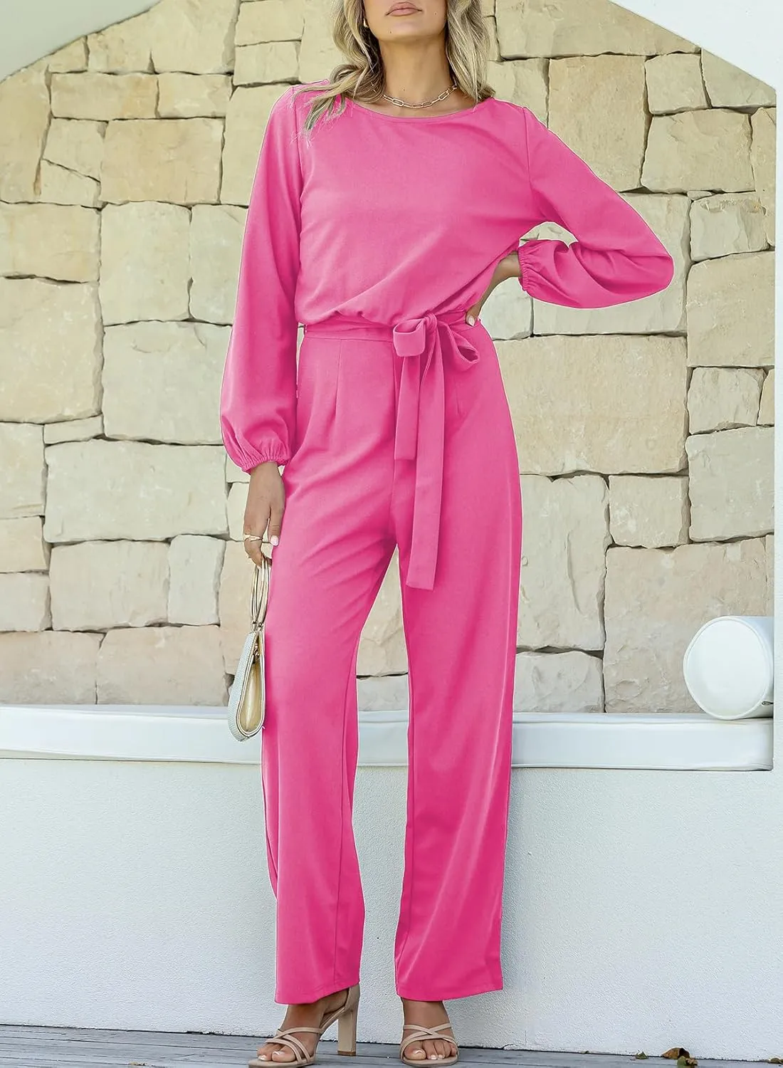 Happy Sailed Womens Dressy Jumpsuits Long Sleeve Belted Wide Leg Pant Romper Jumpsuit Wedding Guest Outfits