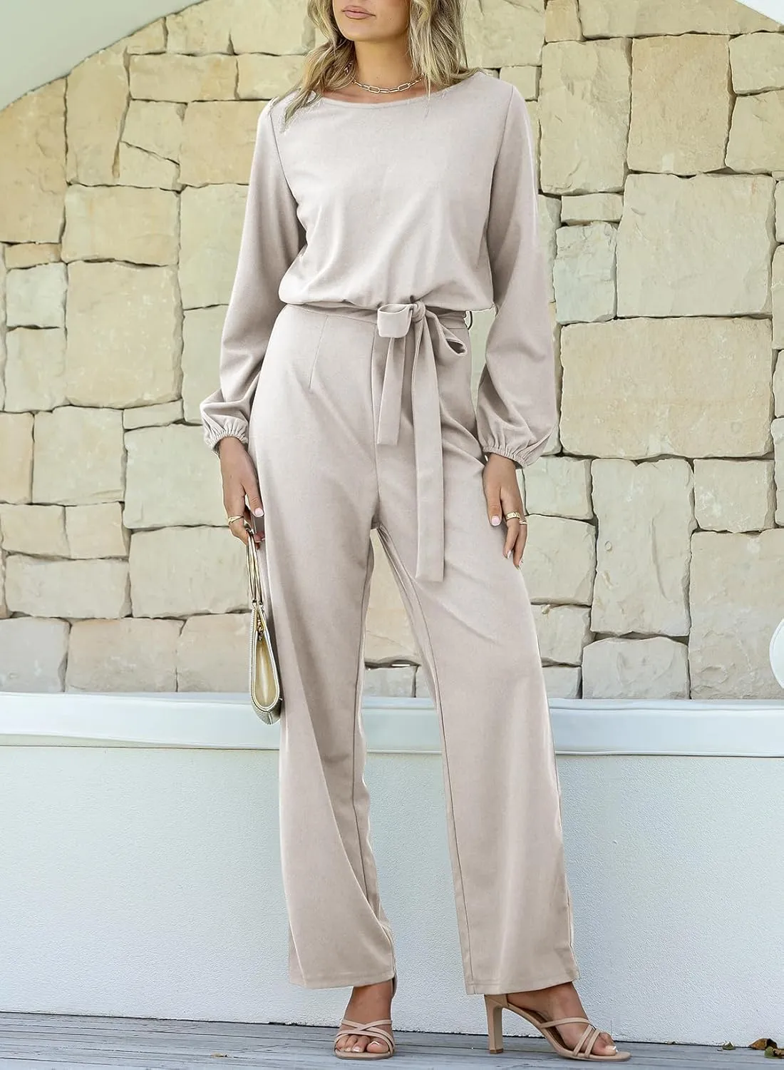 Happy Sailed Womens Dressy Jumpsuits Long Sleeve Belted Wide Leg Pant Romper Jumpsuit Wedding Guest Outfits