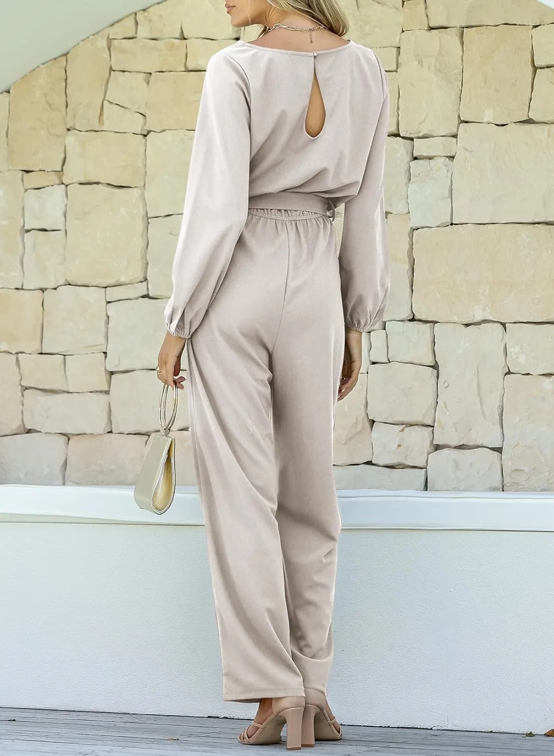 Happy Sailed Womens Dressy Jumpsuits Long Sleeve Belted Wide Leg Pant Romper Jumpsuit Wedding Guest Outfits