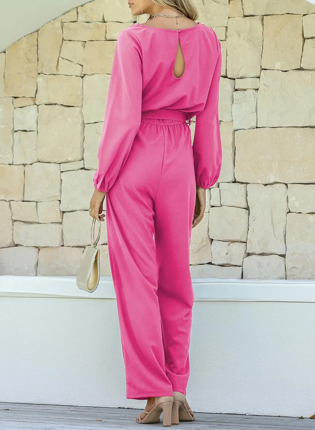 Happy Sailed Womens Dressy Jumpsuits Long Sleeve Belted Wide Leg Pant Romper Jumpsuit Wedding Guest Outfits