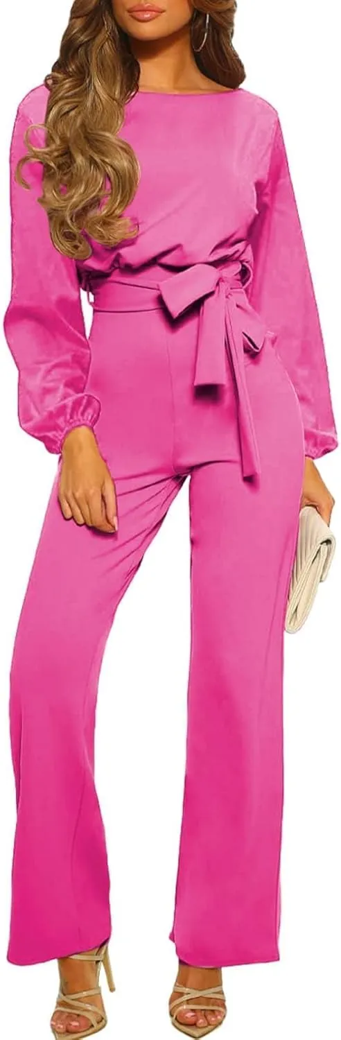 Happy Sailed Womens Dressy Jumpsuits Long Sleeve Belted Wide Leg Pant Romper Jumpsuit Wedding Guest Outfits