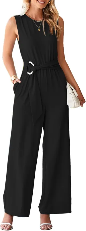 Happy Sailed Womens Jumpsuits Dressy Summer Sleeveless High Waist Belt Wide Leg Pants Romper Jumpsuit with Pockets