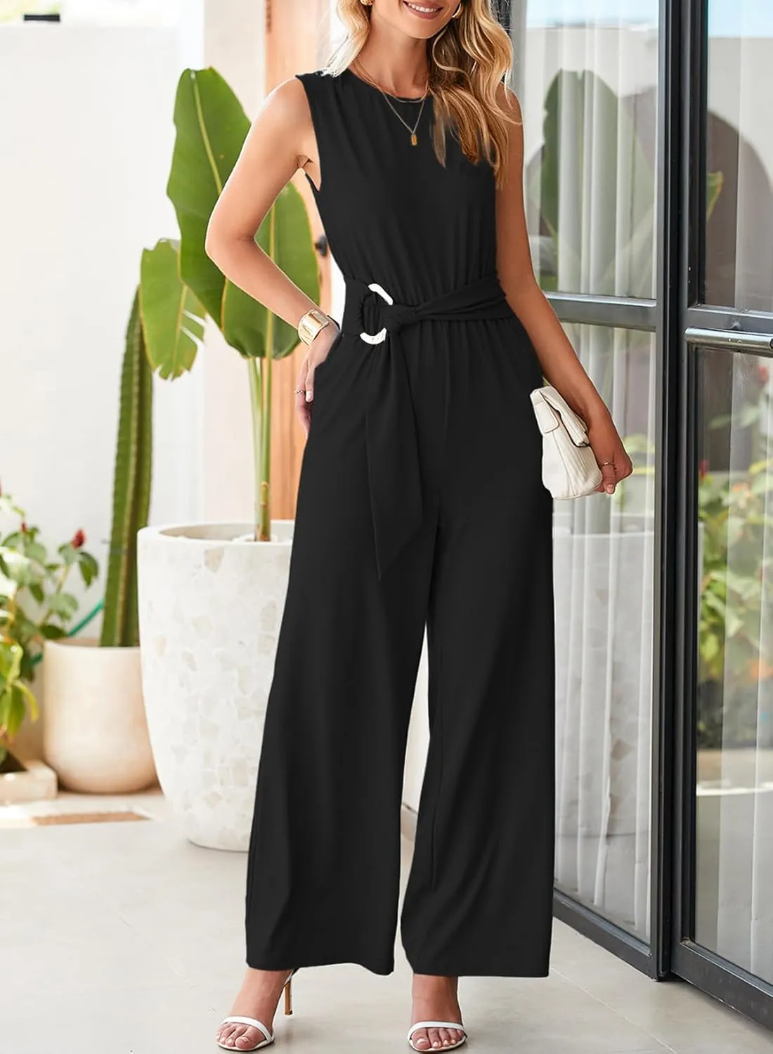 Happy Sailed Womens Jumpsuits Dressy Summer Sleeveless High Waist Belt Wide Leg Pants Romper Jumpsuit with Pockets