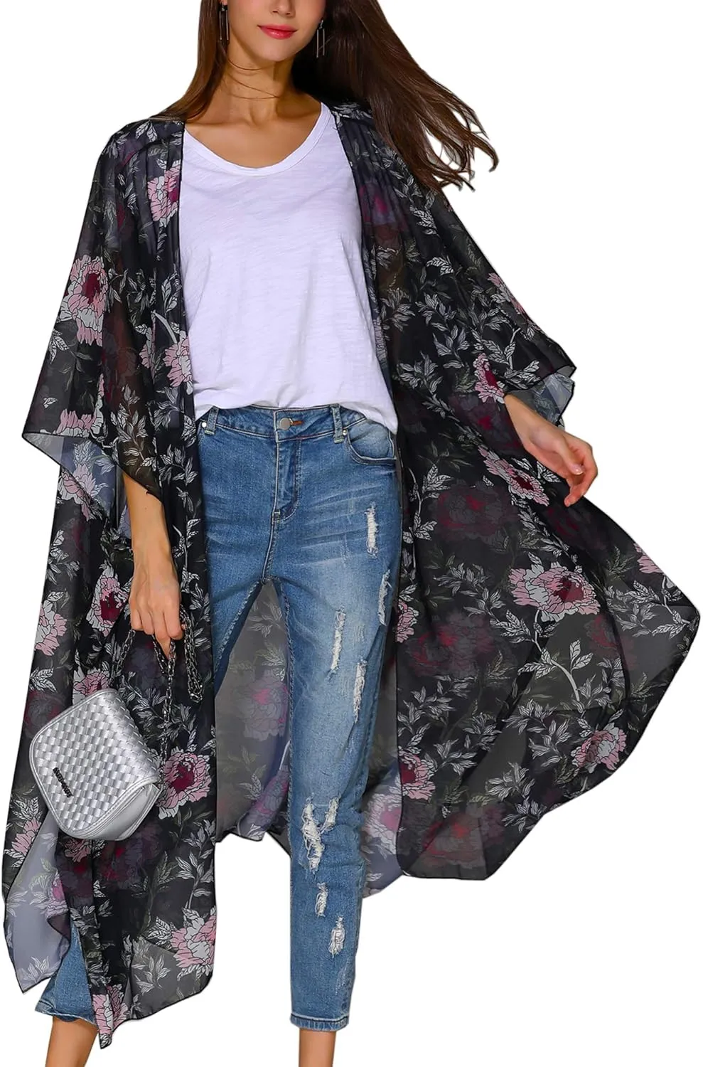 Hibluco Women's Summer Chiffon Floral Kimono Cardigan Long Swimwear Cover Ups