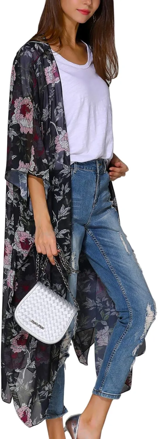 Hibluco Women's Summer Chiffon Floral Kimono Cardigan Long Swimwear Cover Ups