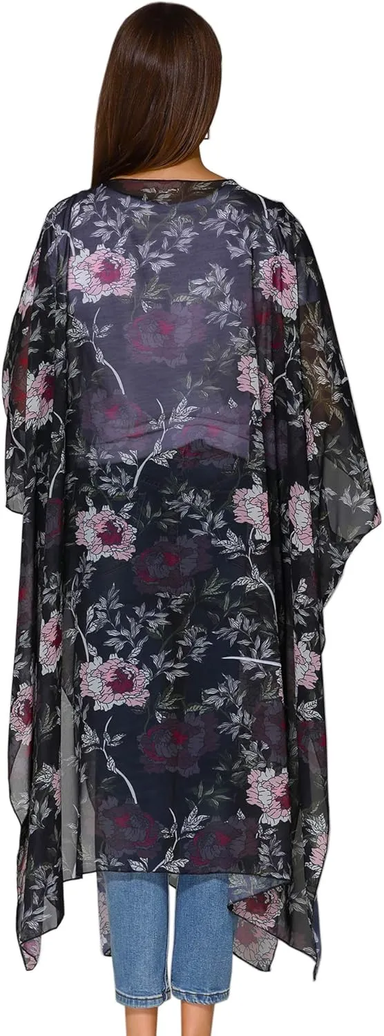 Hibluco Women's Summer Chiffon Floral Kimono Cardigan Long Swimwear Cover Ups