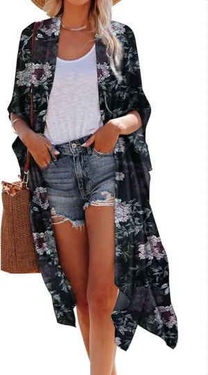 Hibluco Women's Summer Chiffon Floral Kimono Cardigan Long Swimwear Cover Ups