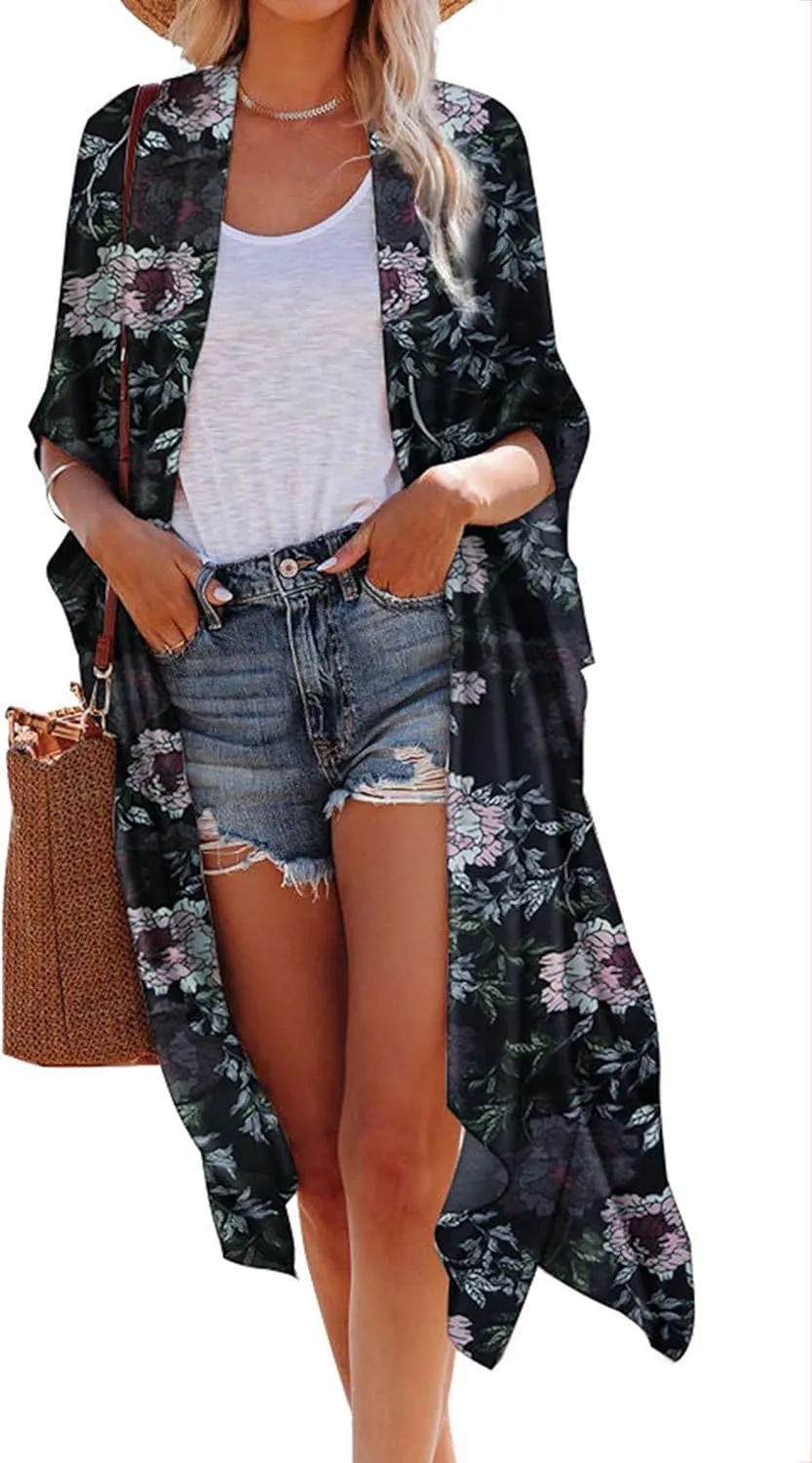 Hibluco Women's Summer Chiffon Floral Kimono Cardigan Long Swimwear Cover Ups